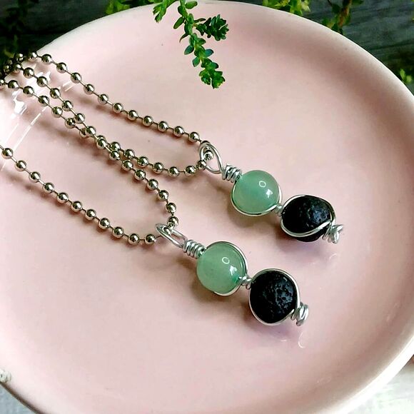 Green Aventurine & Lava Crystal Necklace, Gemstone Jewelry, 16" Ball Chain - Picture 1 of 3
